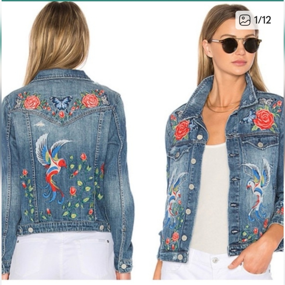 Blank NYC Embroidered Distressed Blue Denim Jacket